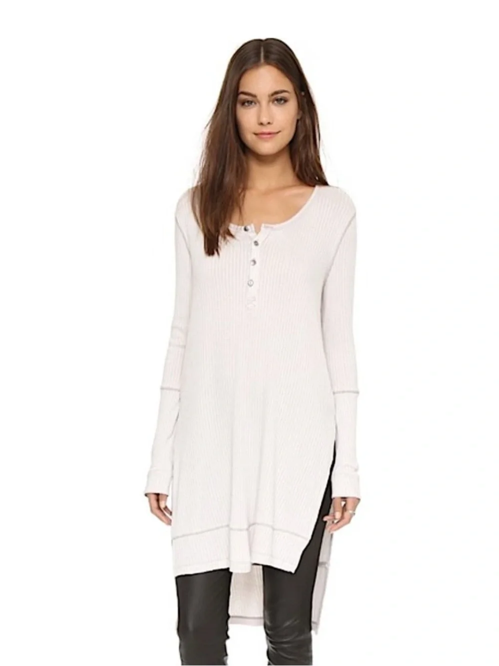 Free People Gwen Drippy Ribbed Henley Oversized Knit Tunic Boho Grey Size L
